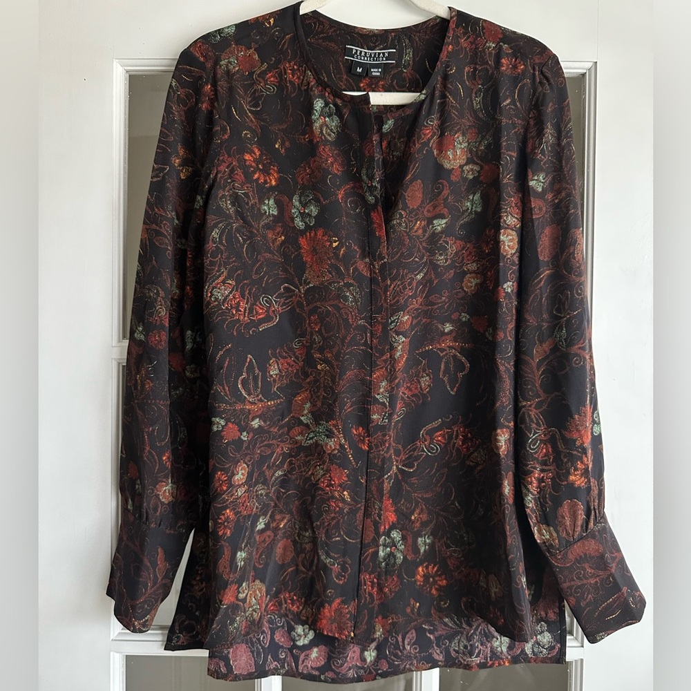 Peruvian connection 100% silk long sleeve blouse